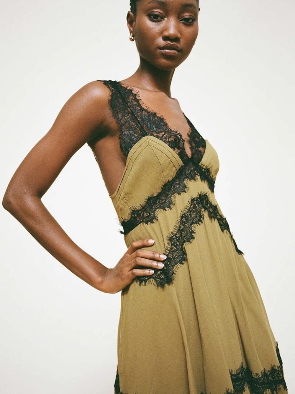 Urban Outfitters Olive Green Slip Dress with Black Lace Trim